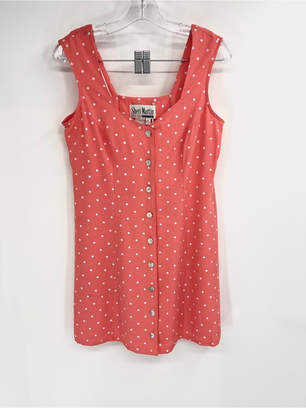 Reformation vintage 90’s mini dress polka dot salmon pink button front 8P